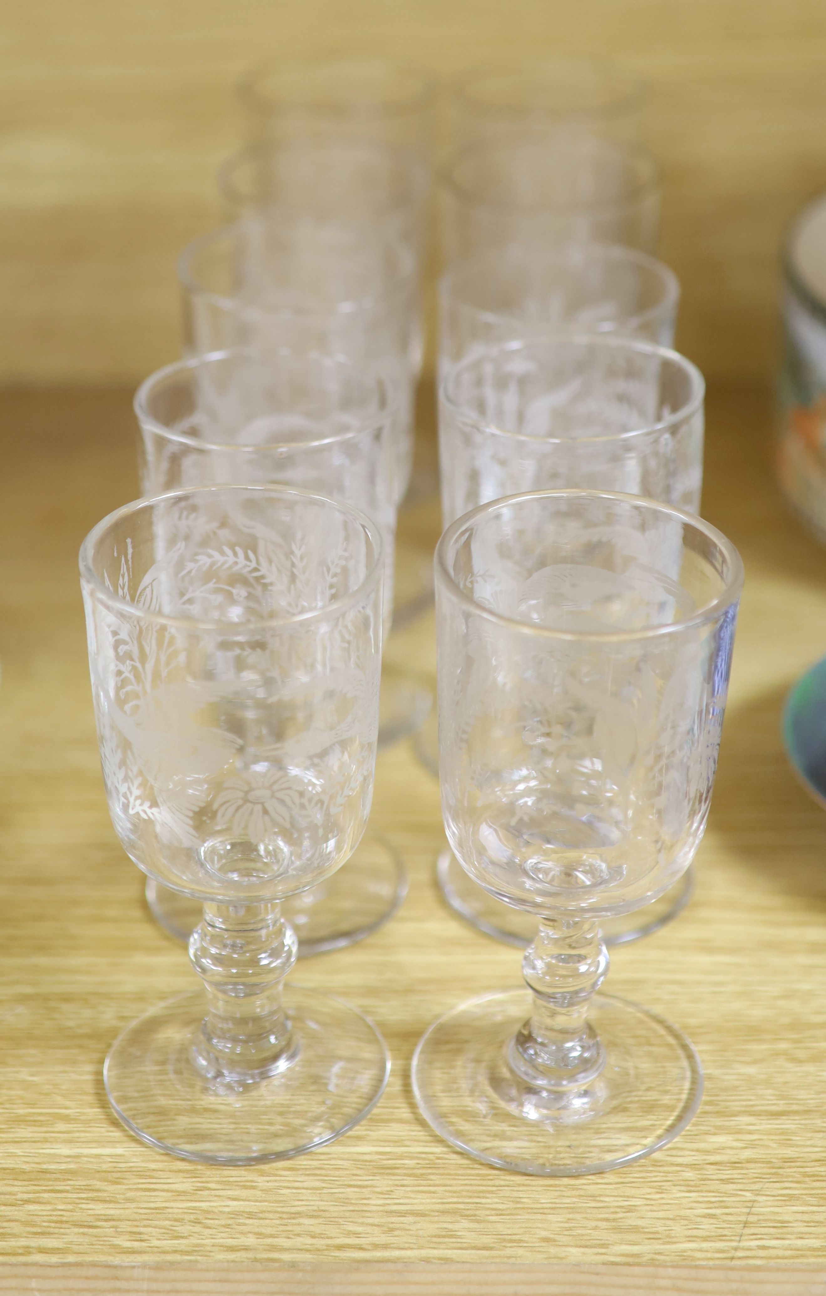 A set of ten etched glass goblets, height 14cm